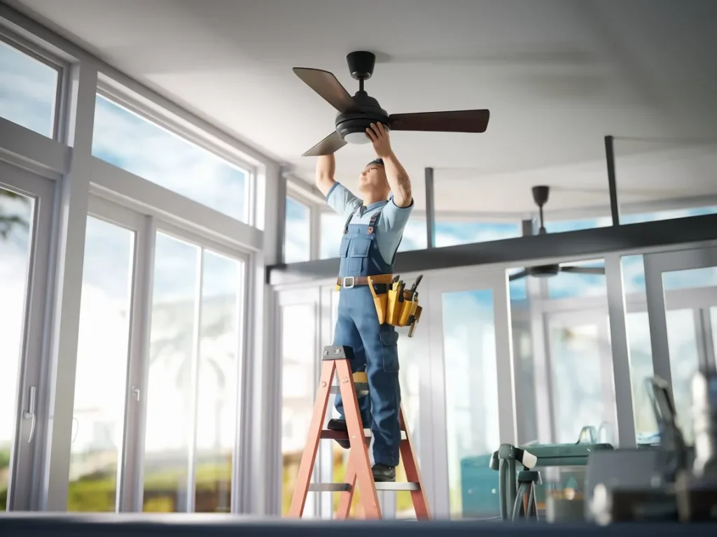 Ceiling fan installation by an electrician in Moffat Beach, ensuring proper wiring and safety.