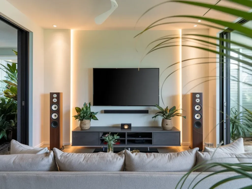 TV and audio setup in Coolum Beach with concealed cables and a modern finish.