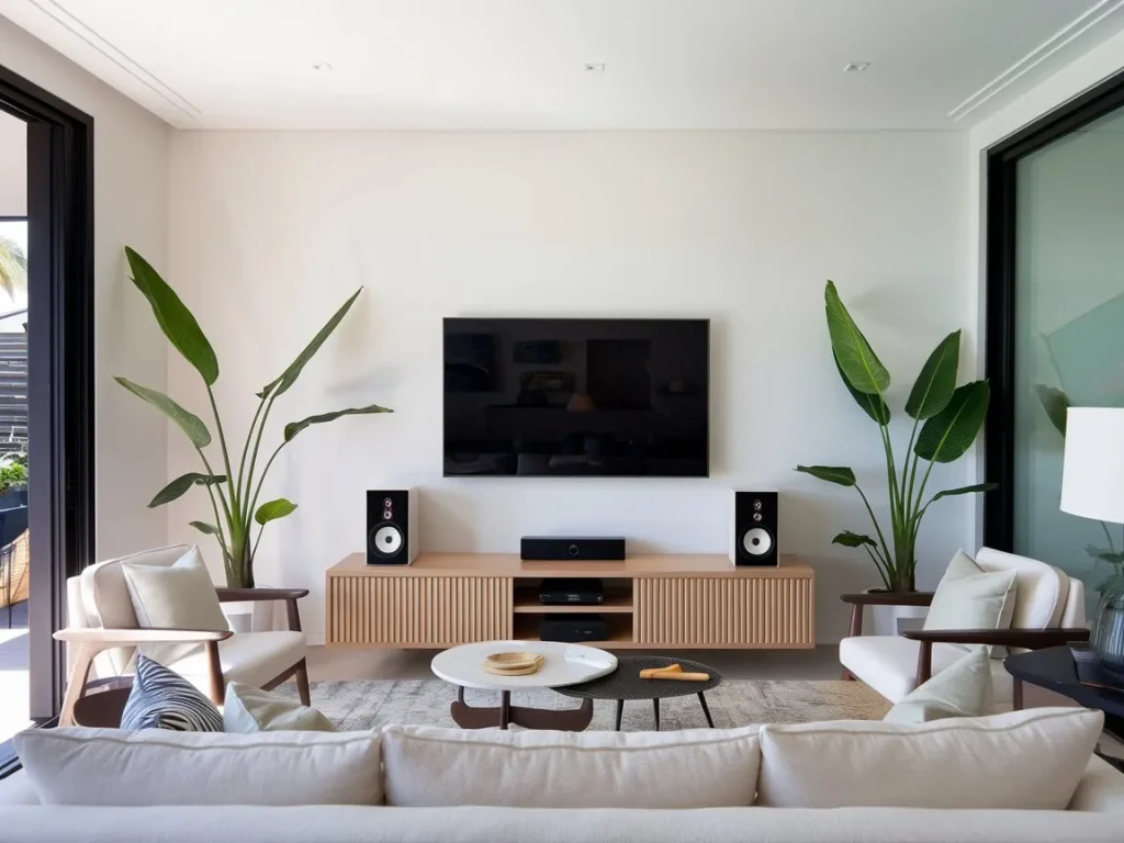 TV and audio setup in Coolum Beach with concealed cables and a modern finish.