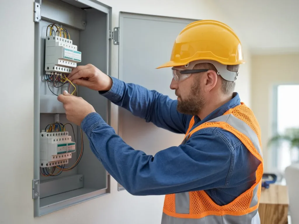 Electrician installing surge protection in Pelican Waters.