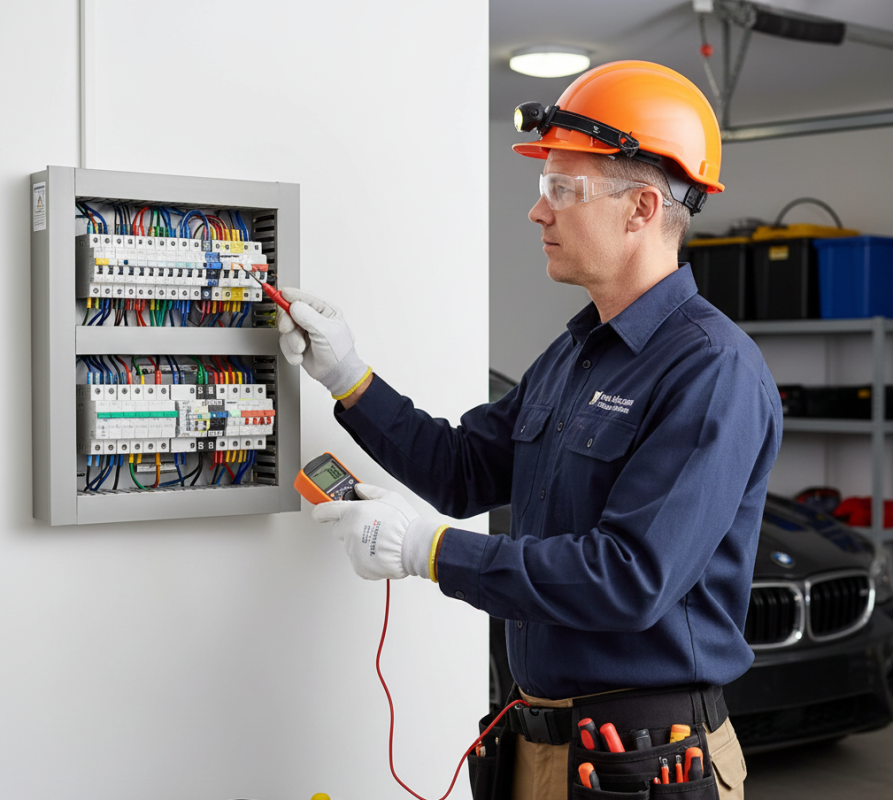 Electrician performing routine electrical maintenance on a home switchboard.